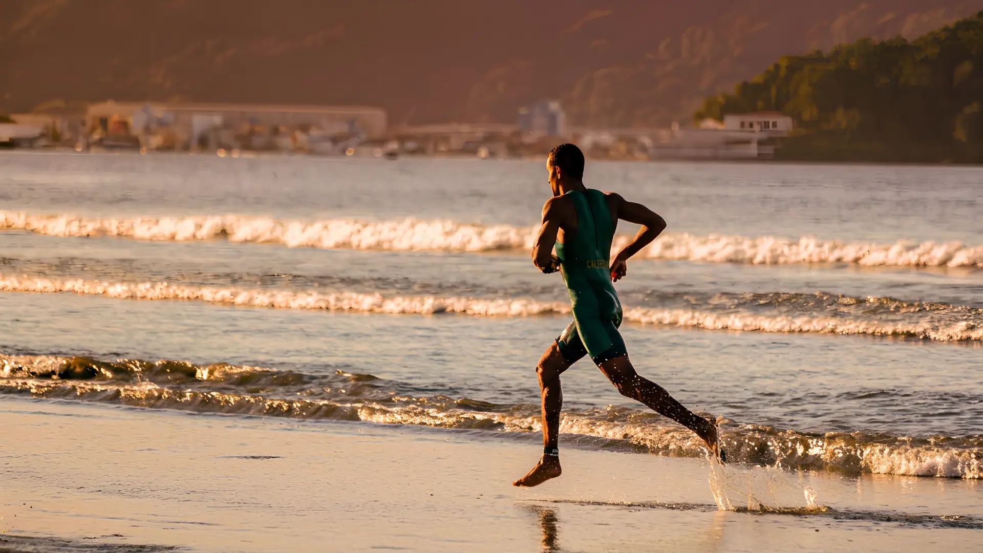 Deportista corriendo al amanecer sobre la orilla del mar